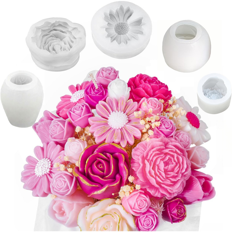 Candle Making For Beginners - 5Flower Candle Mold Set，3D Floral silicone